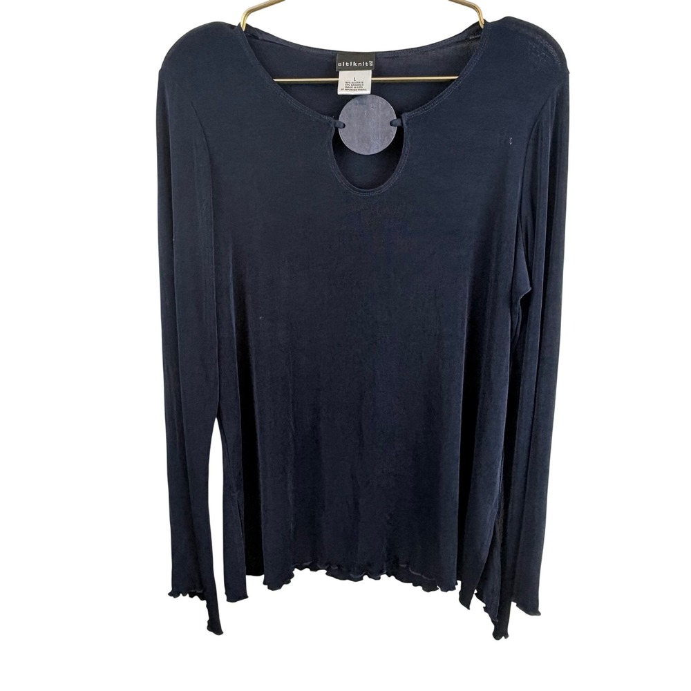 Vintage 90s Citiknits Navy Blue Long Sleeve Keyhole Ring Top Whimsgoth Sz Large